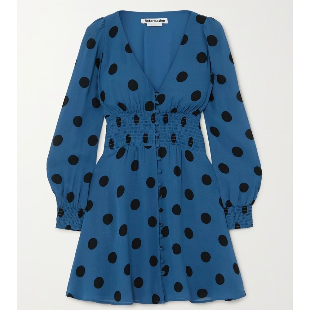 Reformation Alani Shirred Blue Polka Dot Georgette Mini Dress Size 0 V-Neck